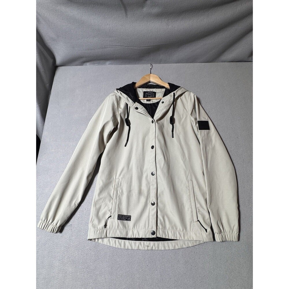 SAGA Outerwear Men's Beige Hooded Windbreaker Jacket Small S Snap Front Logo